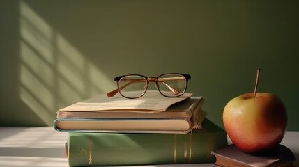 Teachers: The Foundation of Knowledge. Empty Background with Books, Glasses, and a Fruit for Teacher Appreciation Day. Copy Space AI Generative.
