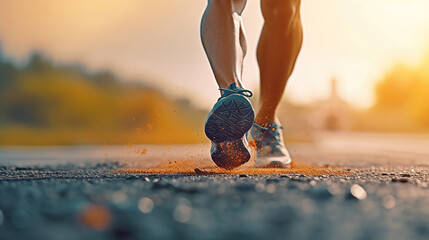 Runner feet running on road closeup on shoe. Generative Ai