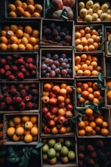 A Bountiful Harvest in Wooden Cages: Top-Down View of Fresh and Natural Fruits, Featuring an Array of Delicious Apples, Oranges, Mangoes, and Healthy Goodies.

