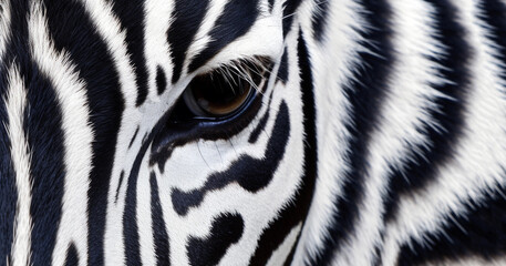 Obraz na płótnie Canvas Monochrome, shallow depth of field image of a zebra with head and eye in focus and stripes in soft-focus, wildlife black and white stripes background texture closeup
