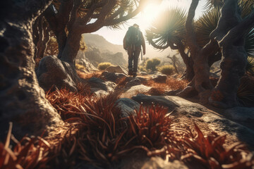 Obraz premium Exploring Socotra's Trail of Wonders. Follow the footsteps of a skilled trekker, adorned with mystical dragon's blood trees. ai generative