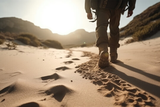 Walking on Socotra's Sands. The untouched splendor of Socotra as a trekker embraces the breathtaking coastline in this captivating low-angle shot. Yemen Beach Indian Ocean AI Generative