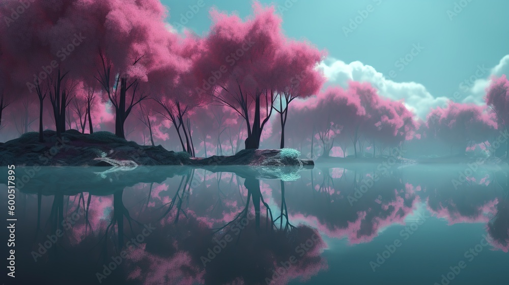 Poster a picture depicting a lake with some trees and some clouds in the backdrop generative ai