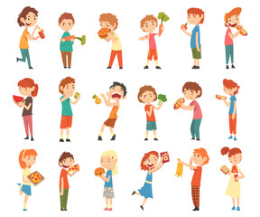 Little Kids Loving Fastfood and Rejecting Eating Healthy Food Big Vector Set