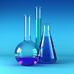 chemical flasks with reagents 3d rendering