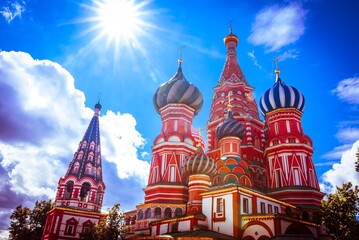 Fototapeta na wymiar Catedral de San Basilio en Moscú una día de verano con sol y cielo muy azul.