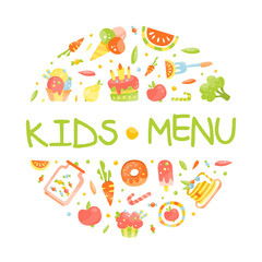 Kids menu banner. Tasty food dishes of round shape. Poster, card, invitation, flyer, cover, placard, brochure cartoon vector