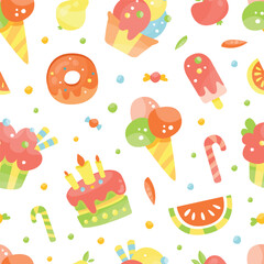 Tasty food for kids seamless pattern. Kids menu repeating print for backdrop, wallpaper, packaging, textile flat vector