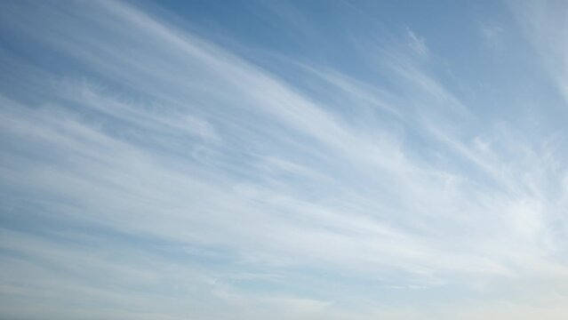 Long and thin cirrus clouds slowly fly across the blue sky on a sunny day, calm clear sky as a background. Video timelapse.