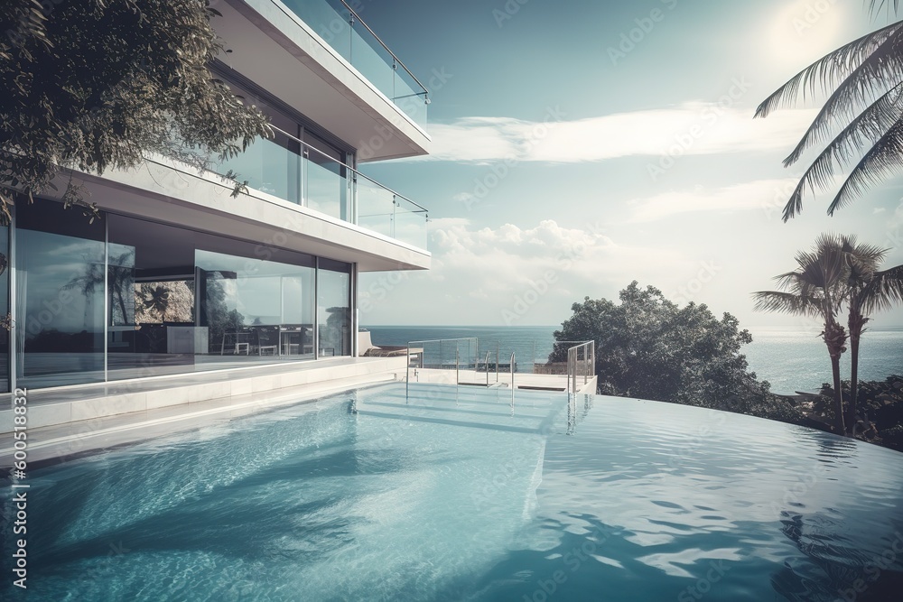 Poster a large swimming pool with a window that looks out over the sea generative ai
