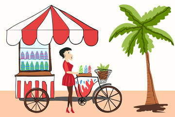 woman selling ice cream in the beach at summer with typography ice cream summer