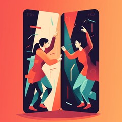 Two Women Dancing on Screens, Colorful Illustration of Social Media Interaction, AI Generative