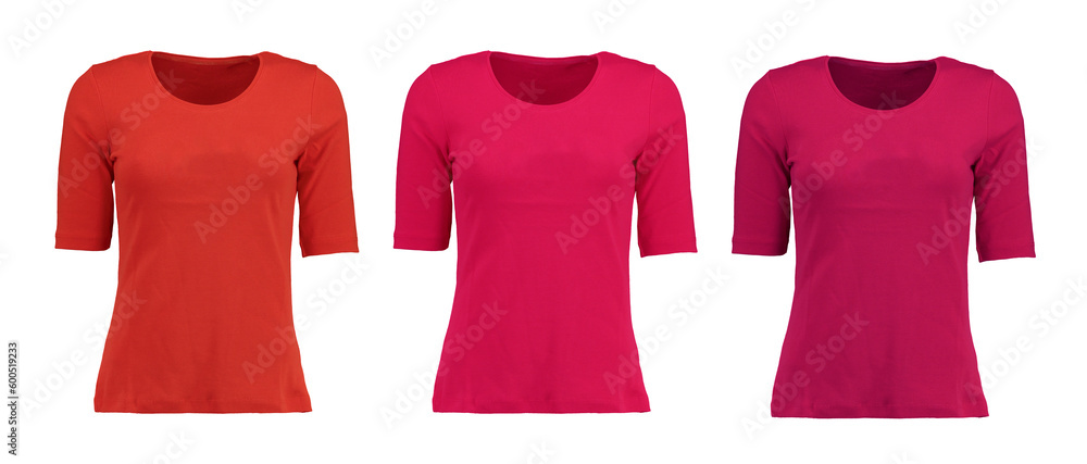 Wall mural Collection of red t-shirts on a white background. Photo on a mannequin. Oval cut.