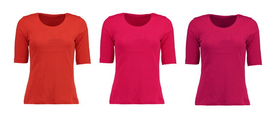 Collection of red t-shirts on a white background. Photo on a mannequin. Oval cut.