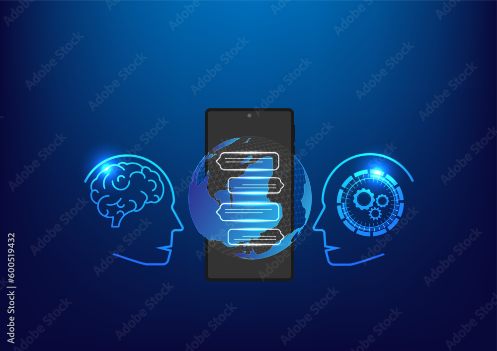 Poster chat, chat with ai bot. global business digital concept. human ask bot. bot conversation. smart ai b