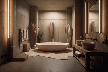 Elegant Bathroom Space Combining Japandi Style, Boho-Scandinavian Elements, Freestanding Bathtub, and Earthy Tones..