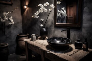 Obraz na płótnie Canvas Elegant Bathroom Space Combining Japandi Style, Boho-Scandinavian Elements, Freestanding Bathtub, and Earthy Tones..