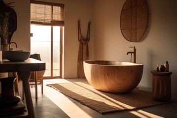 Fototapeta premium Serene Bathroom Sanctuary with Freestanding Bathtub, Boho-Scandinavian Design, and Japandi-Inspired Natural Color Palette..