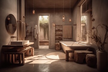 Luxurious Japandi-inspired Bathroom with Scandinavian Touches and Natural Elements freestanding bathtub and luxurious fixtures..