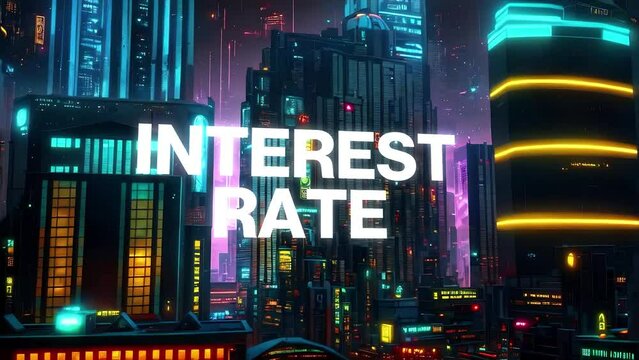 Interest Rate type animation set against 3d render of a bustling cyberpunk metropolis city. Featuring a generative ai look and modern animation. 

