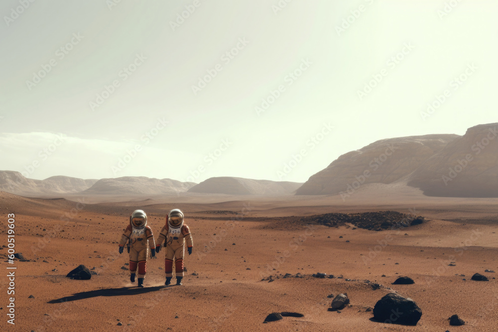 Poster astronauts wearing space suits walking on red planet. martian colony. mars colonization. created wit