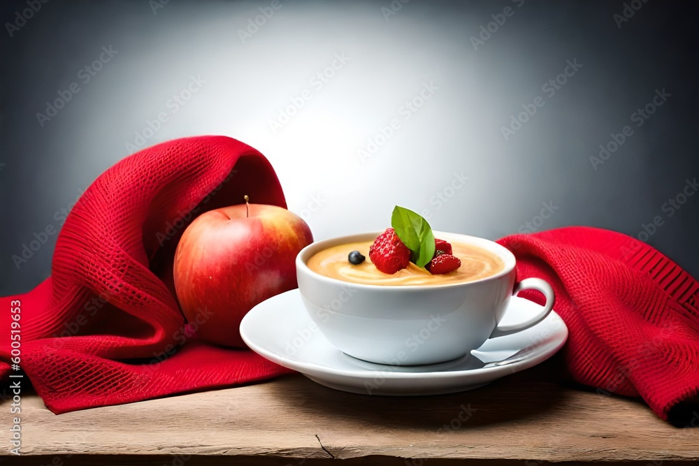 Wall mural ad style capuccino & an apple with a red scarf around for advertising created with Generative AI technology	