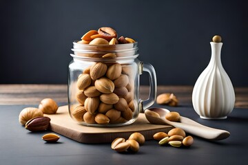 ad style nuts in a glass jar  and oil created with Generative AI technology	