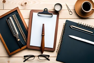 notebook with a pen and a cup of coffee created with Generative AI technology	