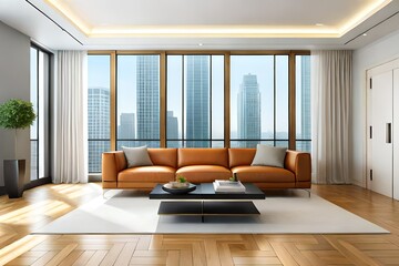 modern living room with a window showing the city buildings created with Generative AI technology	