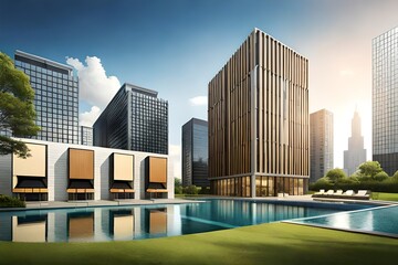 modern city with a pool created with Generative AI technology	