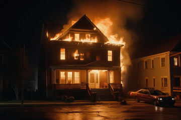 House in fire at night. Burning residential building in suburban area. Created with Generative AI