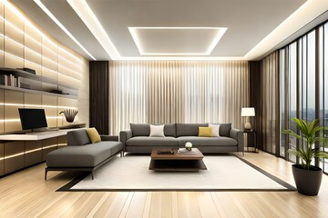 modern living room with an office created with Generative AI technology	