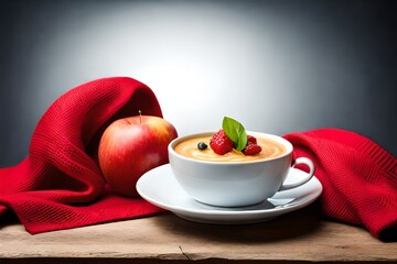 ad style capuccino & an apple with a red scarf around for advertising created with Generative AI technology	