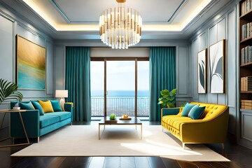 a cyan color living room with a big windows of glass showing the see created with Generative AI technology	