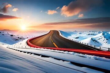 a never ending road between the snow going to the horizon created with Generative AI technology	