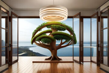 modern living room with a big tree and lamp in the middle created with Generative AI technology	
