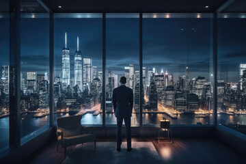 Fototapeta na wymiar Successful businessman looking out from window on night city. Man in office at night. Created with Generative AI