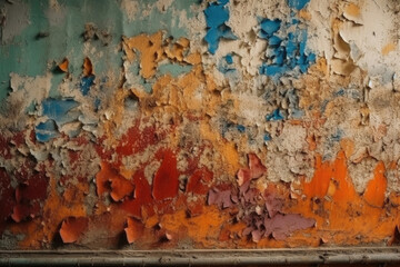 Aged wall with colorful peeling pieces of paint. Abstract wallpaper background. Created with Generative AI