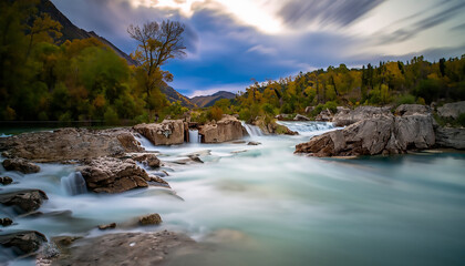 Naklejka na ściany i meble Beautiful long exposure of a waterfall on the river in the mountains. AI generated image