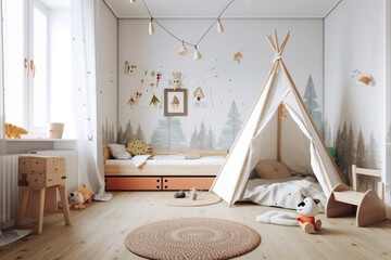 Child room in scandinavian style with natural colors and wooden furniture. Interior of cozy kids bedroom. Created with Generative AI
