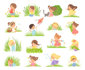 Cute Little Boy and Girl Playing on Green Meadow Grass Big Vector Set