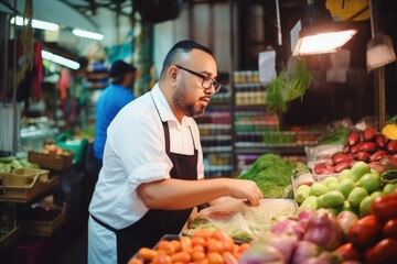 Chef wearing uniform choosing fresh vegetables at food market. Organic products of highest quality for cooking in restaurant. Created with Generative AI
