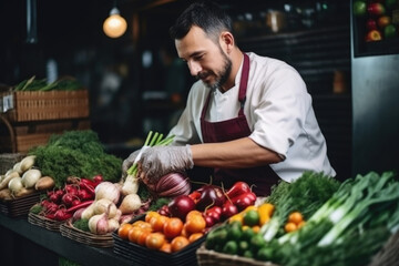 Chef wearing uniform choosing fresh vegetables at food market. Organic products of highest quality for cooking in restaurant. Created with Generative AI