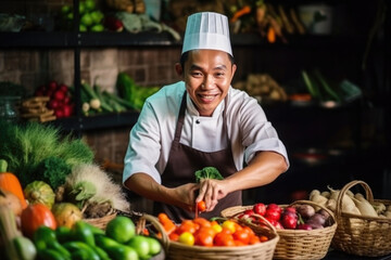 Asian chef wearing uniform choosing fresh vegetables at food market. Organic products of highest quality for cooking in restaurant. Created with Generative AI