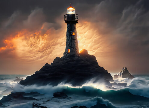 an isolated iron lighthouse shining light out to sea at night as it sits on a rocky stone island being battered by huge ocean waves, smoky orange clouds filling the sky. AI Image