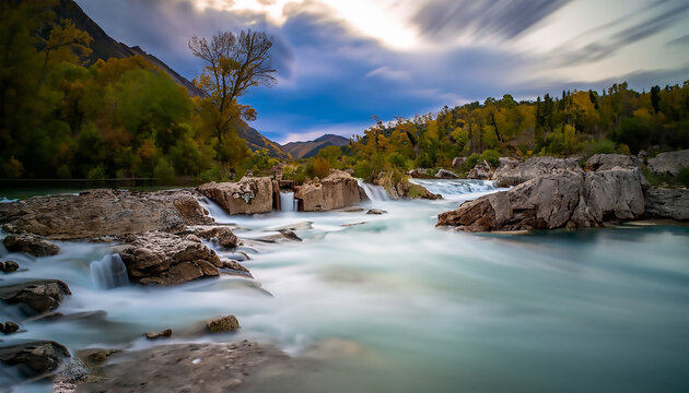 Beautiful long exposure of a waterfall on the river in the mountains. AI generated image