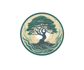 Vector illustration of tree with roots, logo style image on white background