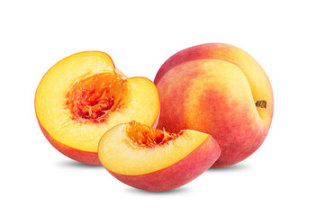 Peach fruit isolated on white background. Three peach fruits whole and cut pieces