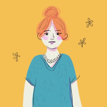 Redhead girl with blue shirt, flowers yellow background, sweet flat portrait pencil drawing