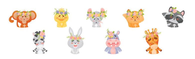 Fototapeta premium Cartoon Animals with Flower Decoration on Their Heads Vector Set